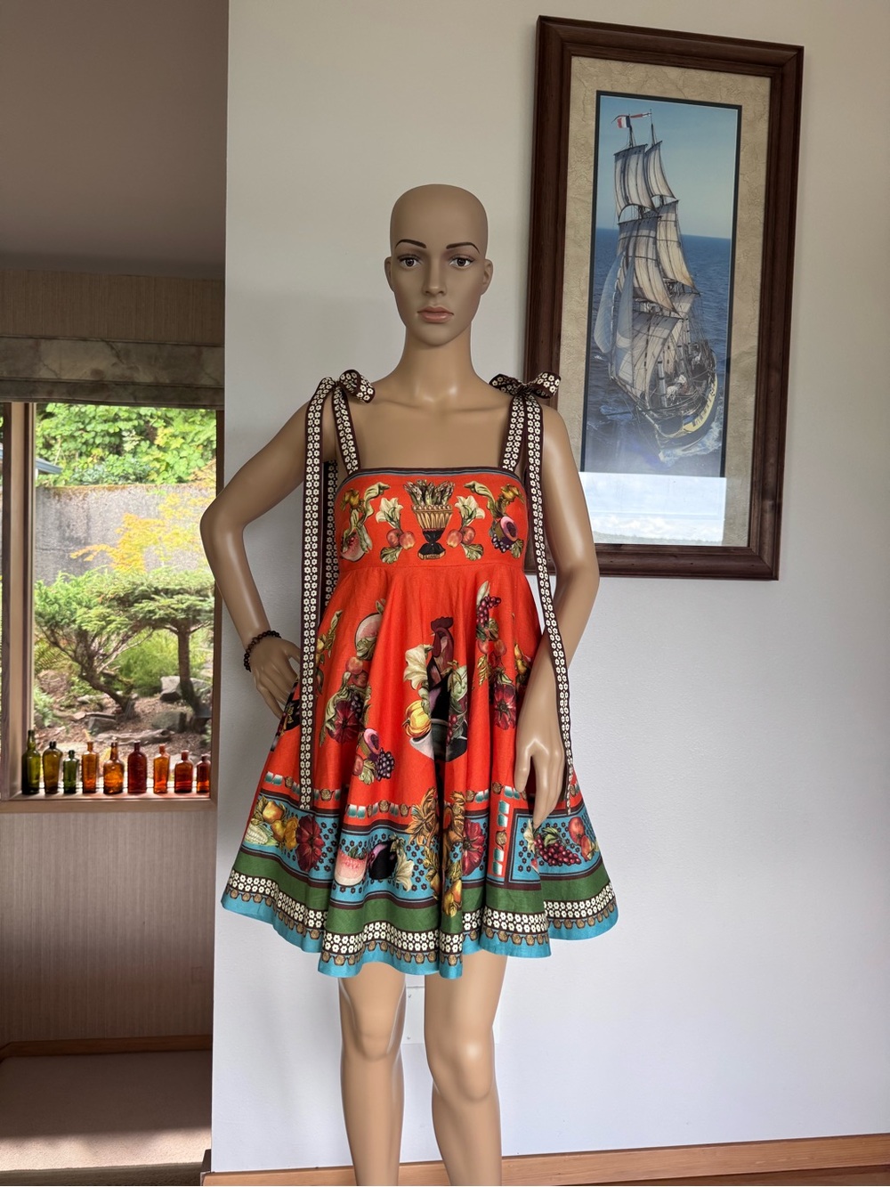 Alemais Red-Orange Floral & Fruit Tie-Shoulder Mini Dress
